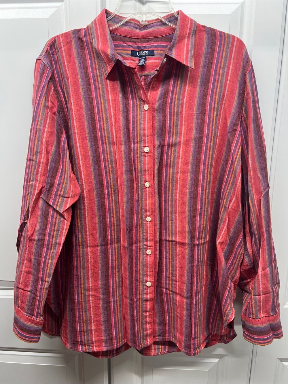 Chaps Linen Cotton Striped Button Down Shirt XXL Plus Size Coral Pink Maroon
